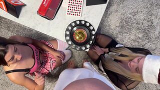 Amazing new year party with two petite hot college girls in different costumes to play with a cock and balls