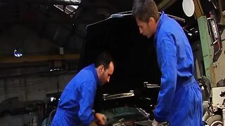 Attractive French babe double drilled in the mechanic garage