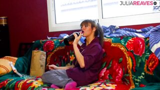 Babe gets mouth cumshot after getting hard fuck with a condom on