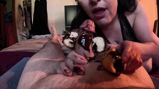 Chocolate Syrup Donut and Cock for Dessert