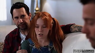 Social worker knows whats going on between hunk and girlfriend He wants a piece and the small tits redhead is anal fucked while sucking stepdaddy