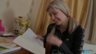 Blonde does anal as her boyfriend shoves his big cock in her tight hole