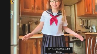 Young Beauty in Japanese College Uniform Masturbates in the Kitchen and Chats with You