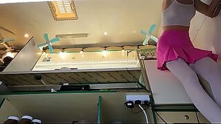 Cute brunette Alice with sexy legs and awesome ass upskirted at work