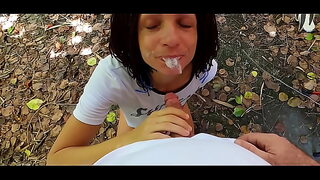 POV Blowjob and handjob in the Public park till cum in mouth