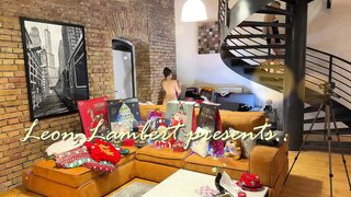 Amazing new year party with two petite hot college girls in different costumes to play with a cock and balls